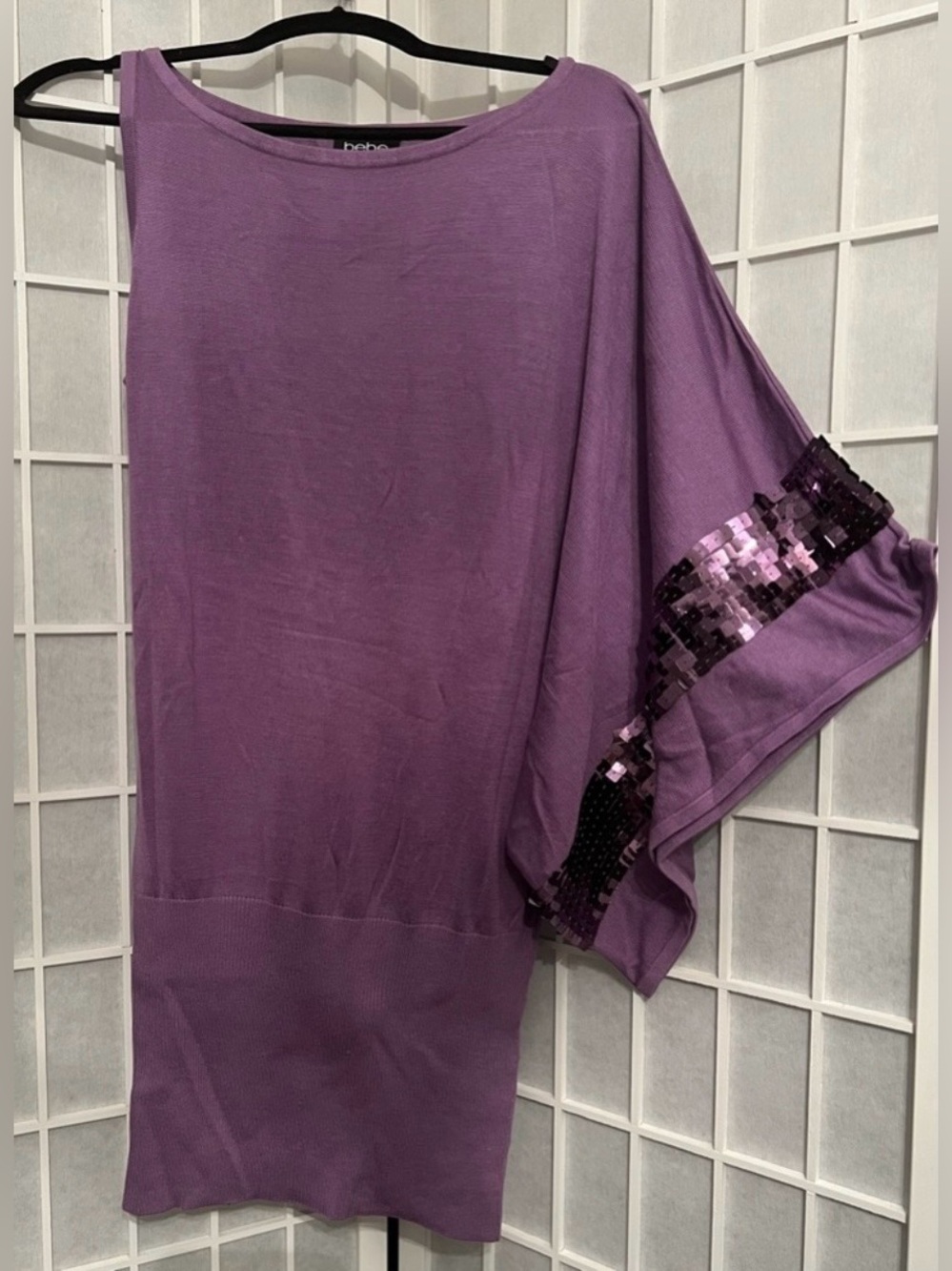 BEBE Purple Asymmetric Square Pailette Tunic Top Dress NWT
